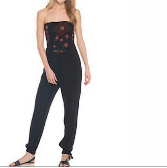 Free People Pants - FREE PEOPLE KARAN STRAPLESS SMOCKED FLORAL JUMPSUIT  IN BLACK SIZE MEDIUM